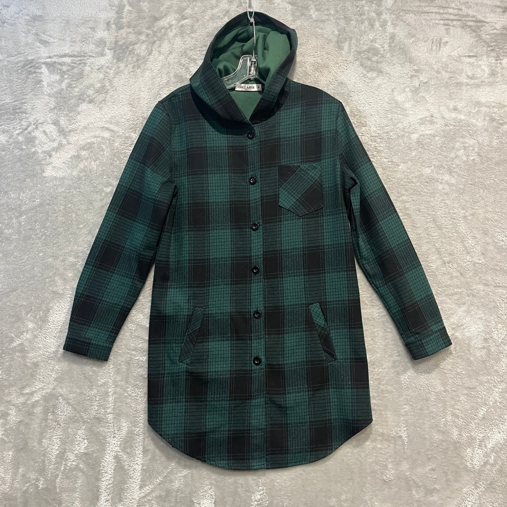Grace Karin Shirt Jacket Womens Medium Green Plaid Hooded Longline Shacket